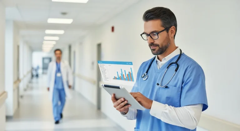 A male professional reviewing hospital data on a healthcare ERP system to improve patient care and operations.