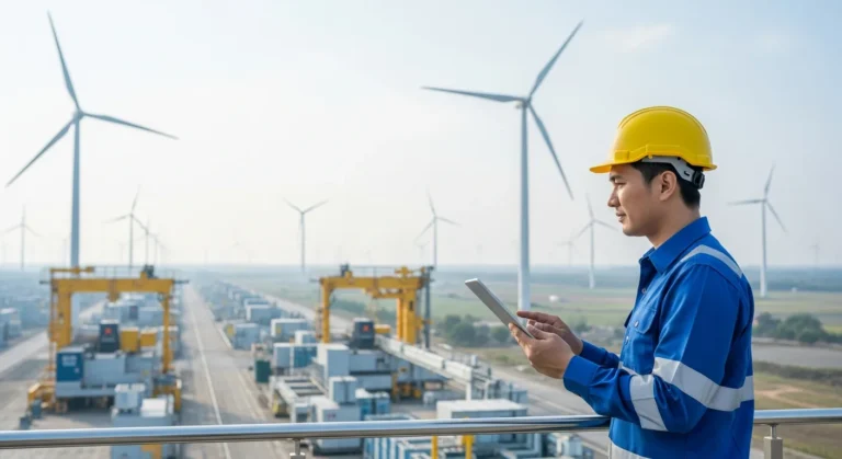 A professional man monitoring real-time industrial data using the IFS ERP system in a large manufacturing facility.