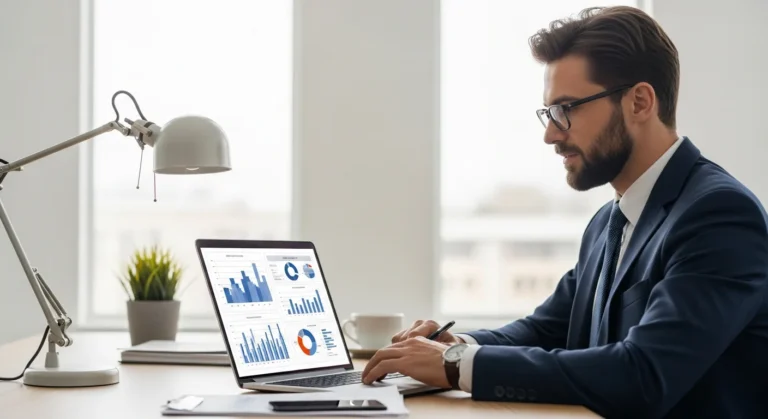 A professional man reviewing business analytics on a laptop using Lapwing ERP software in a modern office.