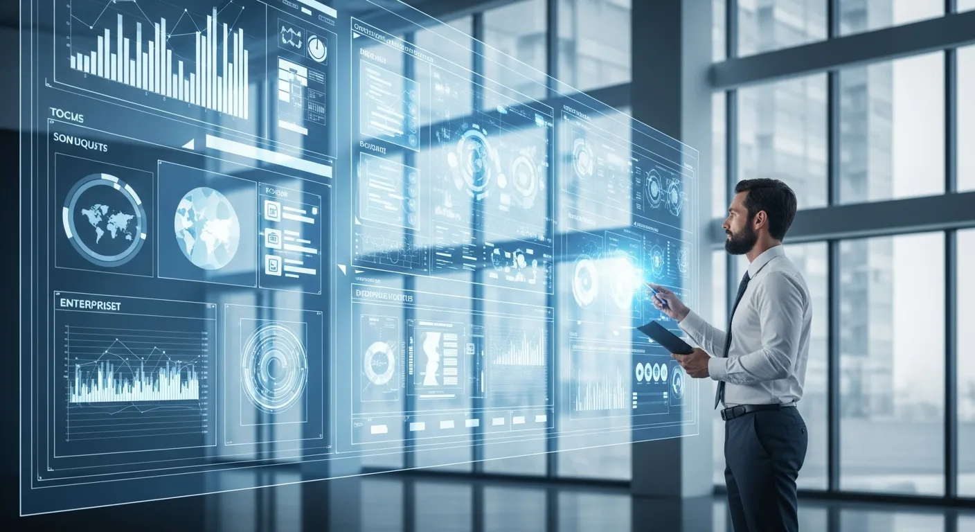 A professional man analyzing lawson erp data on a high-tech digital interface in a modern corporate setting.