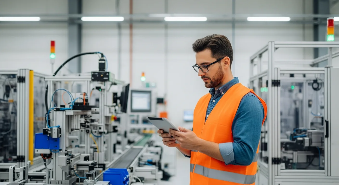 A factory floor manager reviewing manufacturing erp modules on a digital tablet in a modern industrial plant.