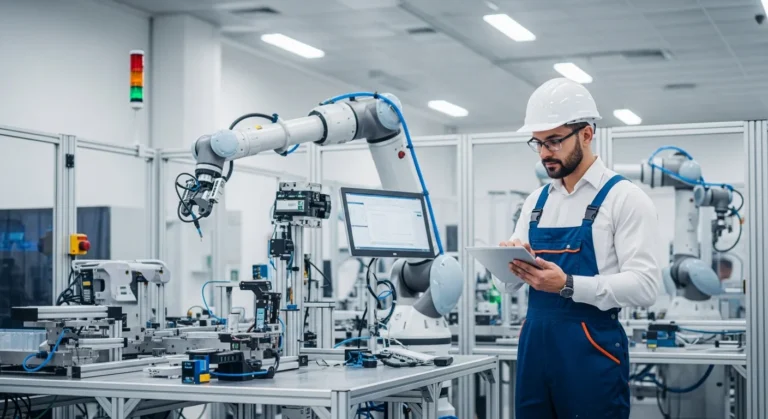 A man using manufacturing erp software on a tablet to optimize a modern, high-tech production line.