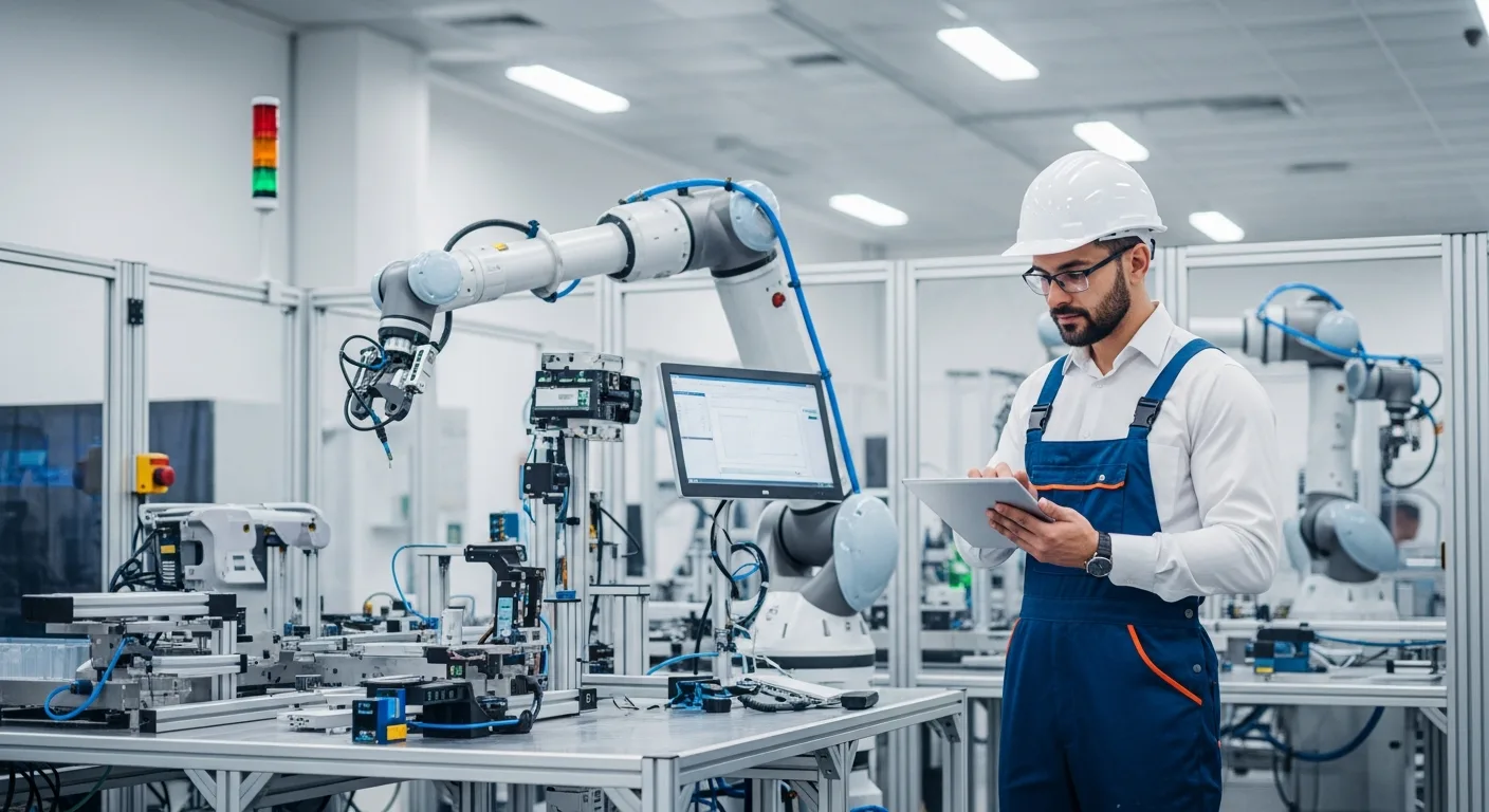 A man using manufacturing erp software on a tablet to optimize a modern, high-tech production line.