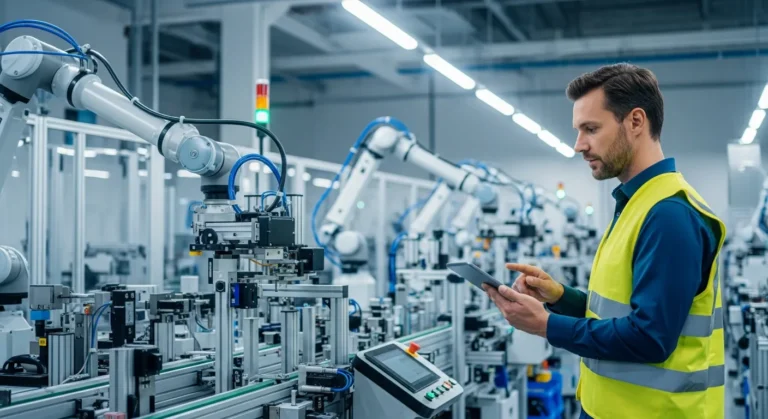 A professional using manufacturing erp systems on a digital tablet to optimize production on a modern factory floor.