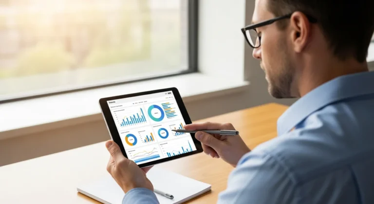 A professional man reviewing real-time business data on a mobile ERP app using a tablet in a modern office.