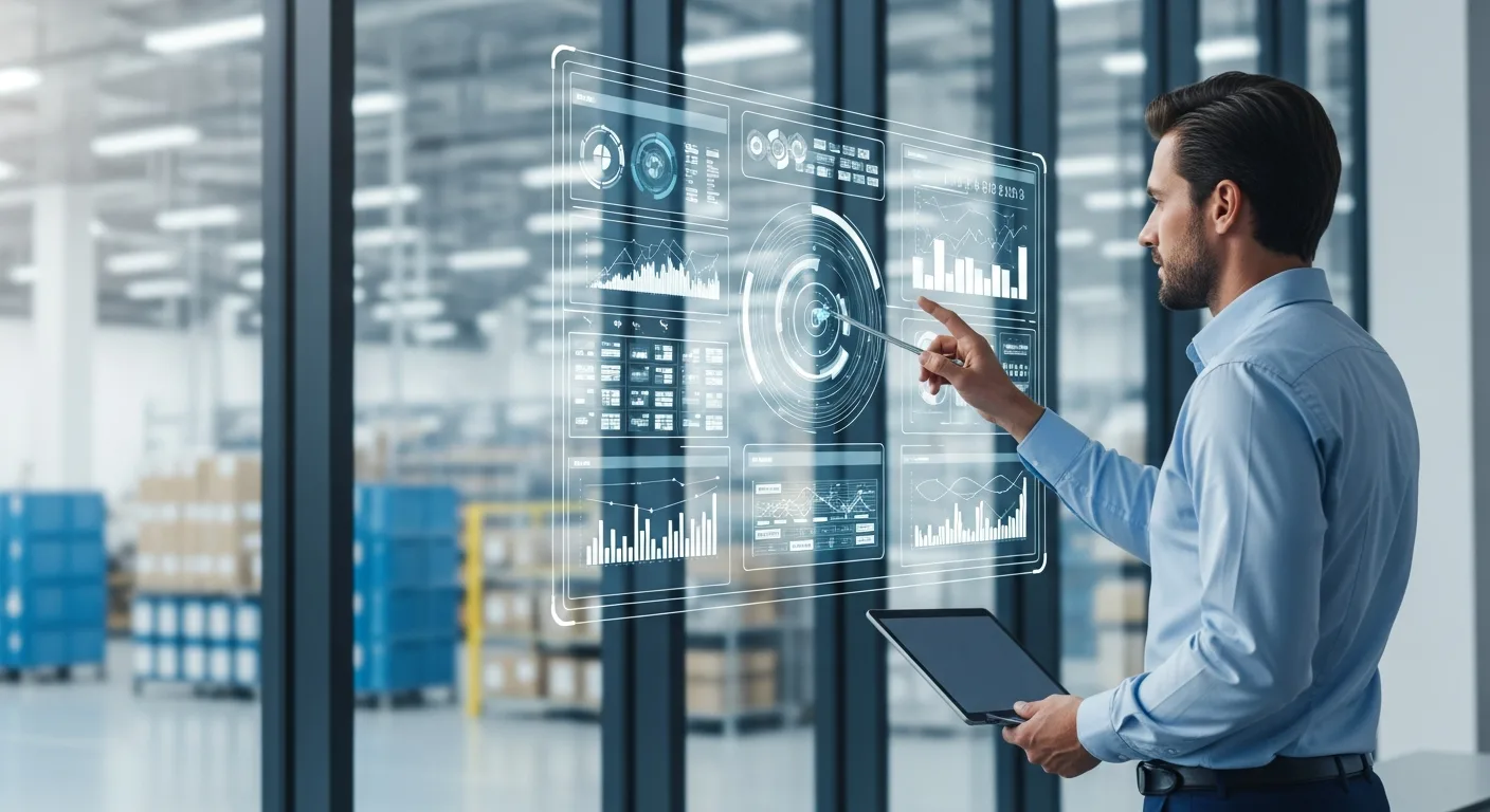A professional comparing manufacturing data on mrp erp systems within a modern high-tech office.