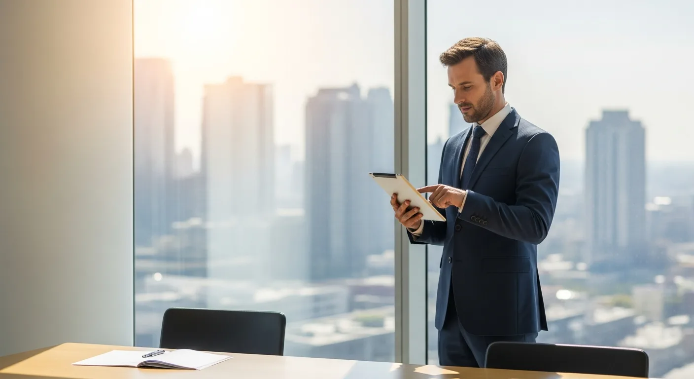 A professional man reviewing business analytics using ms dynamics erp on a tablet in a modern office.
