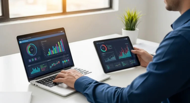 A business professional analyzing financial dashboards using Omie ERP to scale his growing company in 2026.
