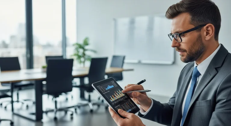A professional man analyzing oracle netsuite erp pricing data on a tablet in a modern corporate office.