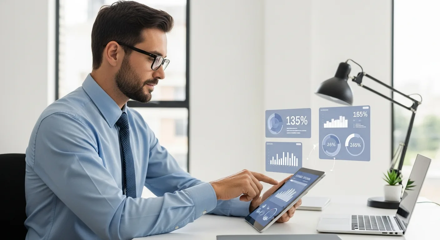 A professional reviewing the pragma erp company overview features on a tablet in a modern office.