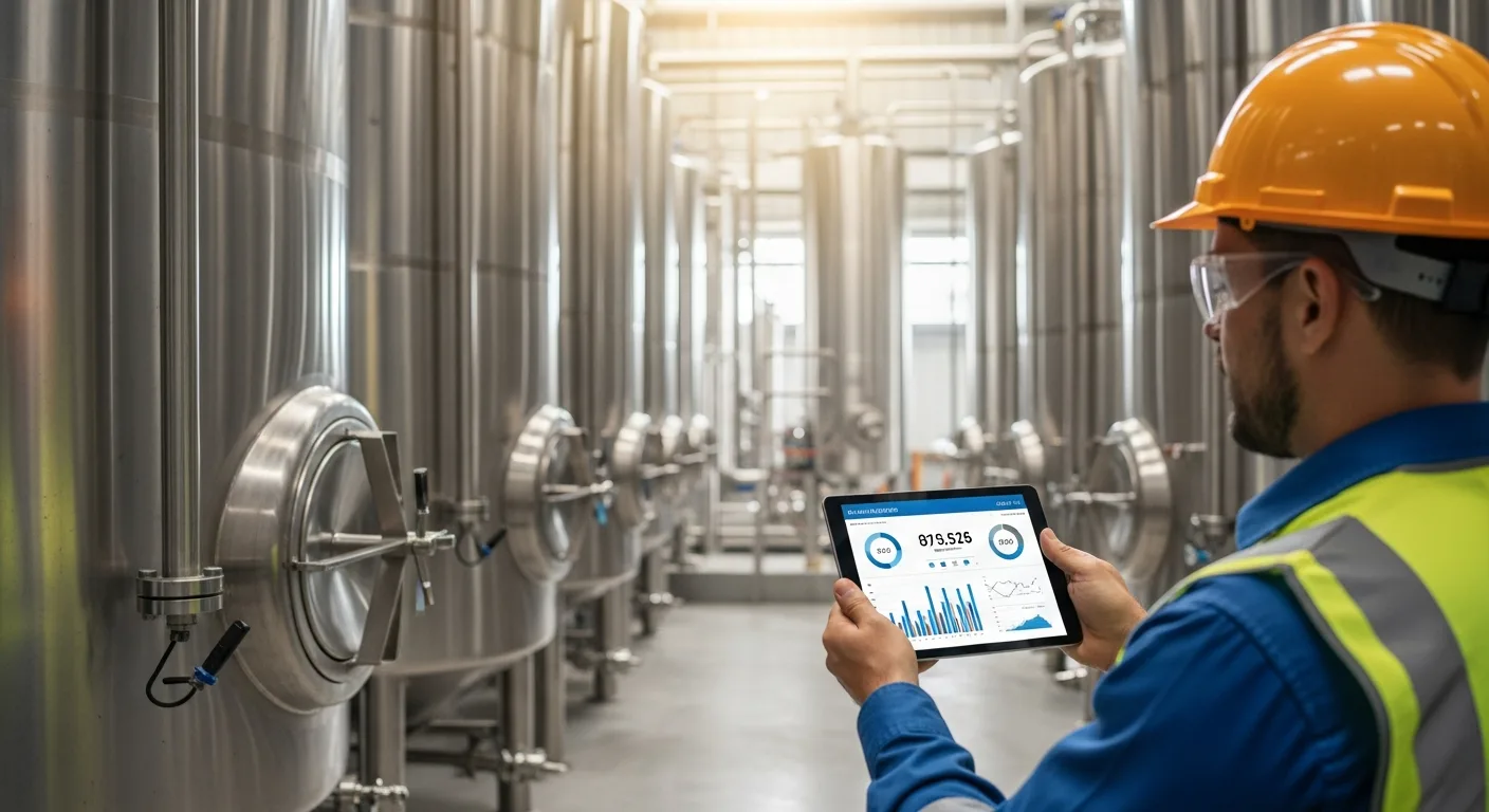 A male engineer using process manufacturing ERP software on a tablet in a modern batch production facility.