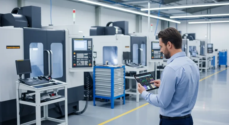 A machinist optimizing shop performance with the proshops erp platform on a tablet in a high-tech facility.