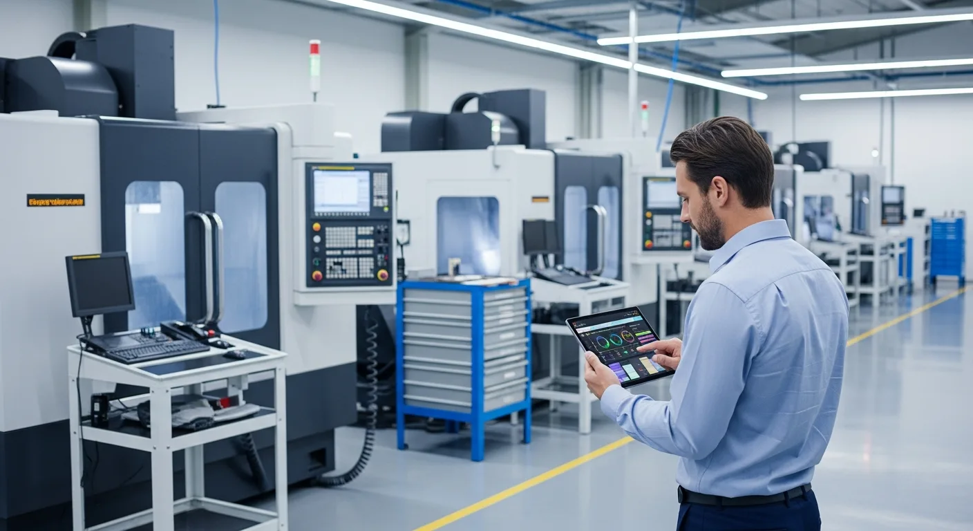 A machinist optimizing shop performance with the proshops erp platform on a tablet in a high-tech facility.
