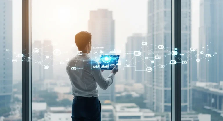 A professional man analyzing a cloud-based dashboard to manage business growth using saas erp.