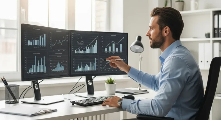 A professional man analyzing financial growth data on a laptop using sage 100 erp for mid-market business success.