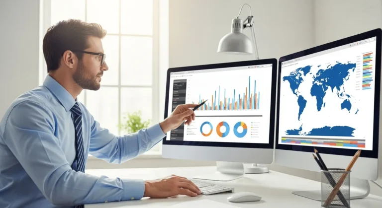 A businessman reviewing global financial reports using sage 300 erp accpac on a high-resolution desktop monitor.