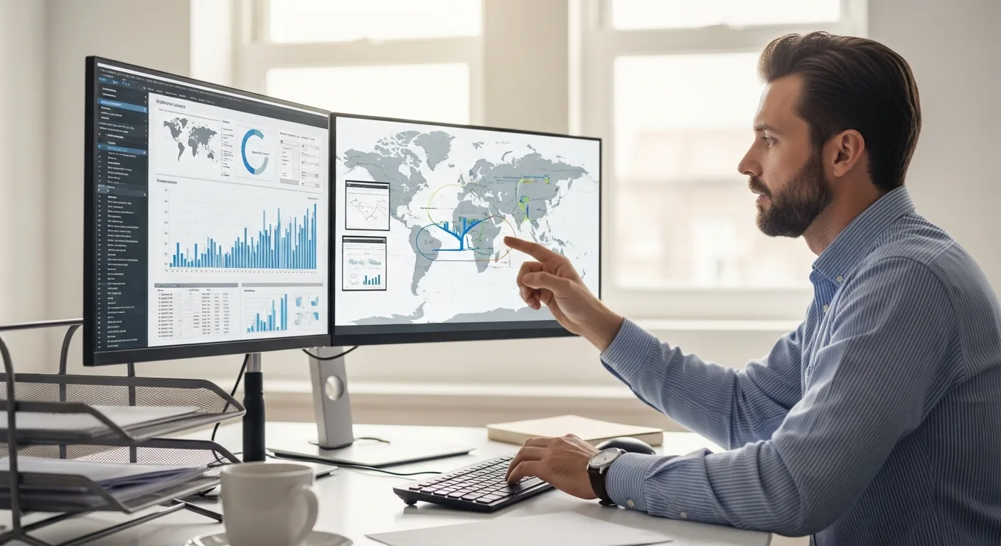Businessman analyzing global financial data using sage 300 erp software in a modern office.
