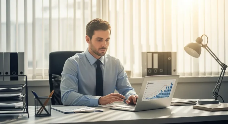Business professional reviewing Sage ERP pricing data on a digital tablet in a modern corporate office.