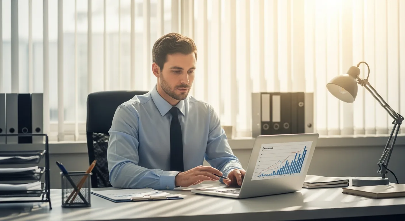 Business professional reviewing Sage ERP pricing data on a digital tablet in a modern corporate office.