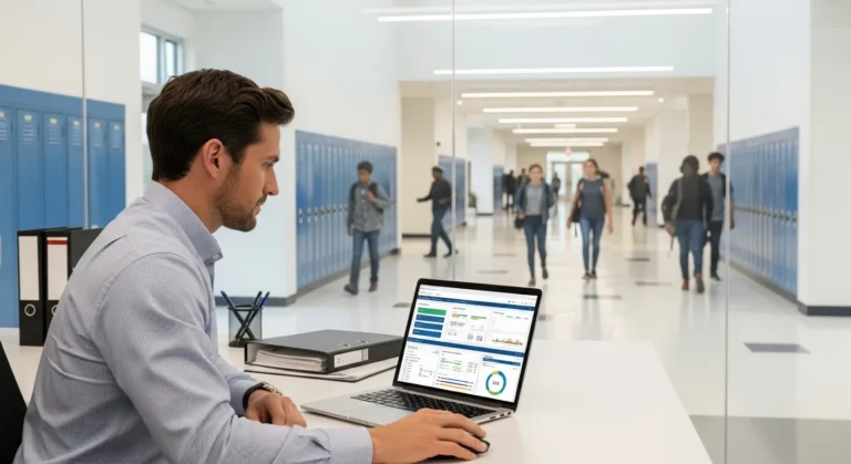 A male school administrator using Skyward ERP on a laptop to manage district operations and data.