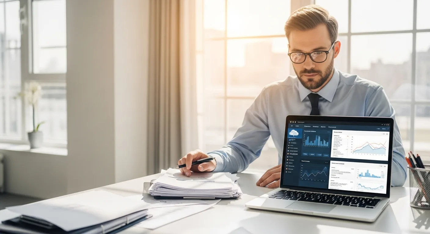 A modern small business erp interface on a laptop screen replacing cluttered paper spreadsheets on a desk.