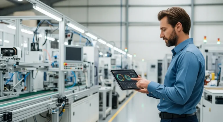 A professional reviewing syspro erp manufacturing data on a tablet within a high-tech factory setting.