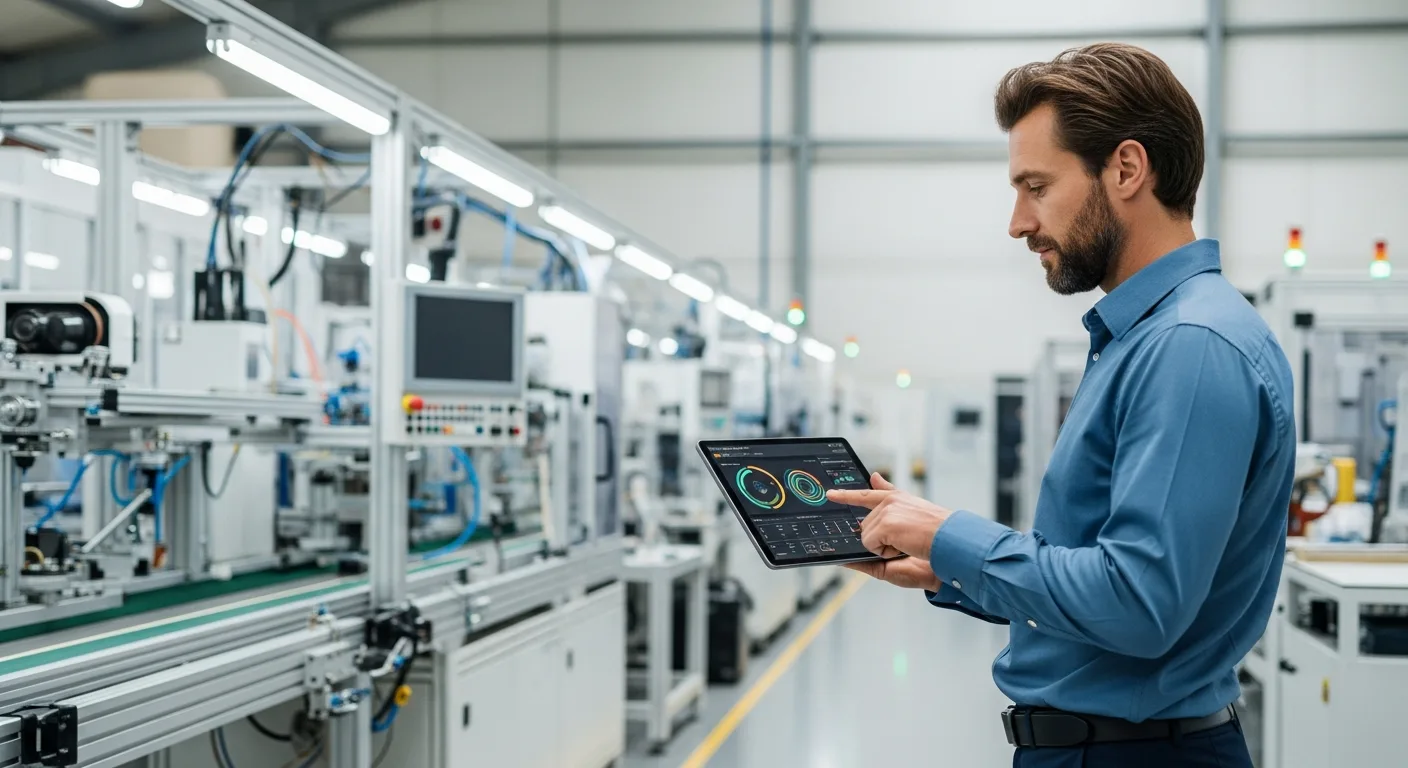 A professional reviewing syspro erp manufacturing data on a tablet within a high-tech factory setting.