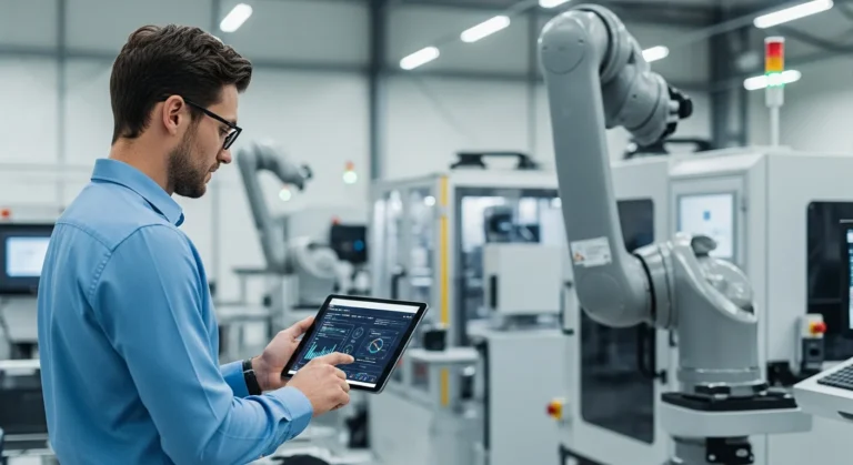 A man using a tablet to manage production workflows with SyteLine ERP in a high-tech manufacturing facility.
