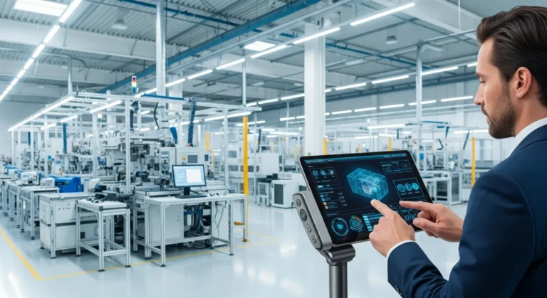 A professional man reviewing production data on a tablet using the SyteLine ERP system in a modern factory setting.