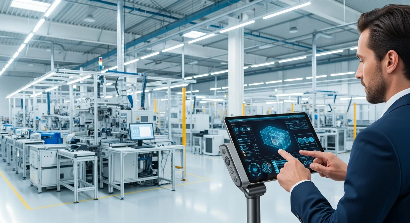 A professional man reviewing production data on a tablet using the SyteLine ERP system in a modern factory setting.
