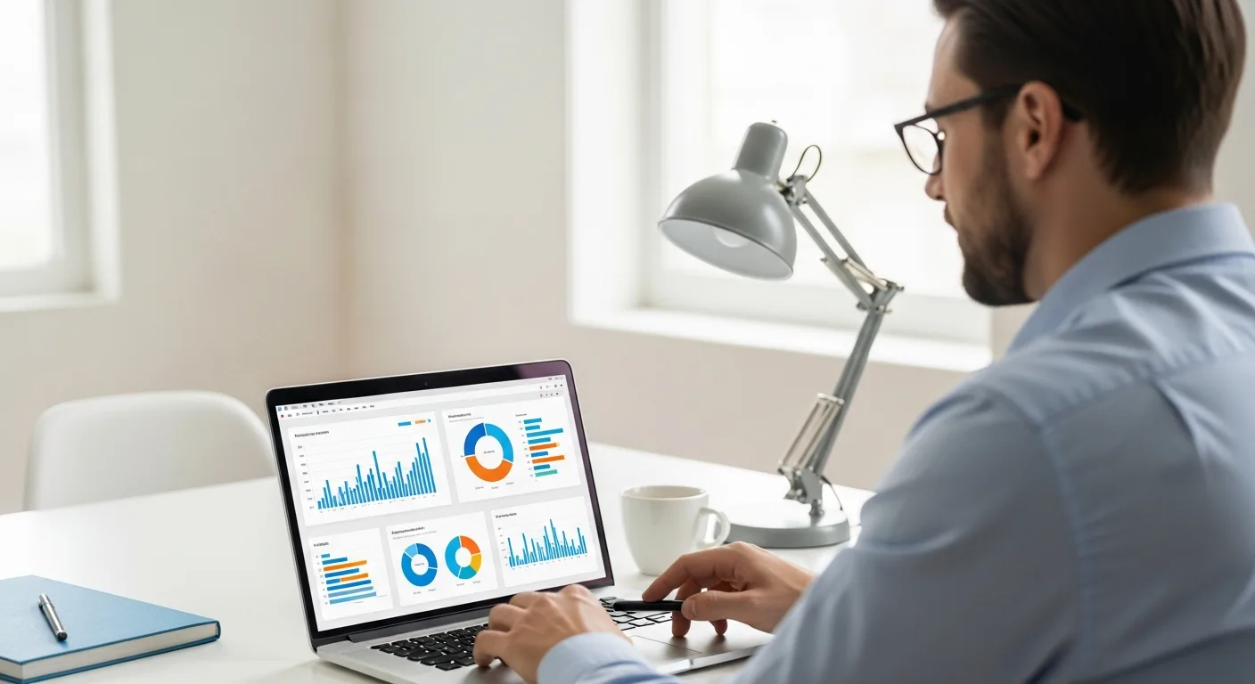A professional man using tiny erp on a laptop to manage business growth in a modern office setting.