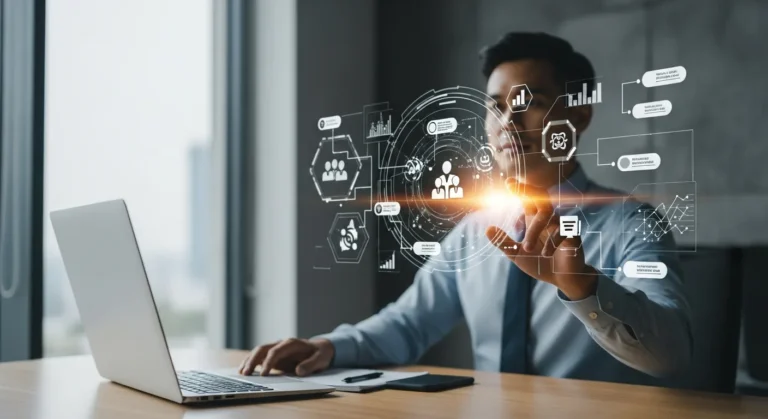 A professional comparing various types of ERP systems on a futuristic digital tablet for a business in 2026.