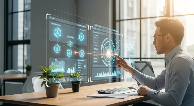 A professional analyzing various types of erp systems on a high-tech digital interface to drive business growth.
