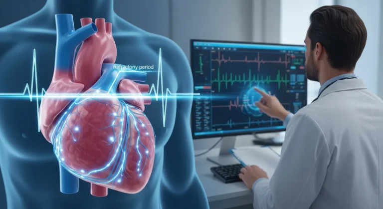 Medical diagram illustrating why do class 1c antiarrhythmic extended erp within heart muscle cells.