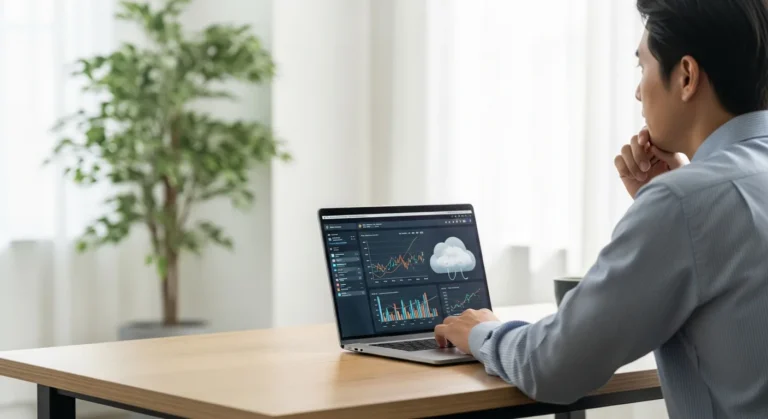 A professional evaluating Xero ERP capabilities on a laptop screen within a modern business office environment.
